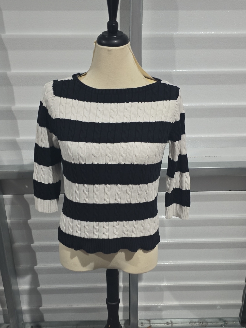 Lauren Ralph Lauren Black & White Striped Cable-Knit Crew Sweater Size Large